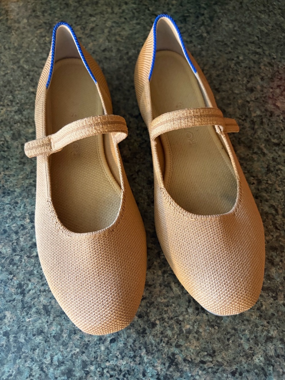 Rothy's Tan Mary Jane Flats with Blue Trim